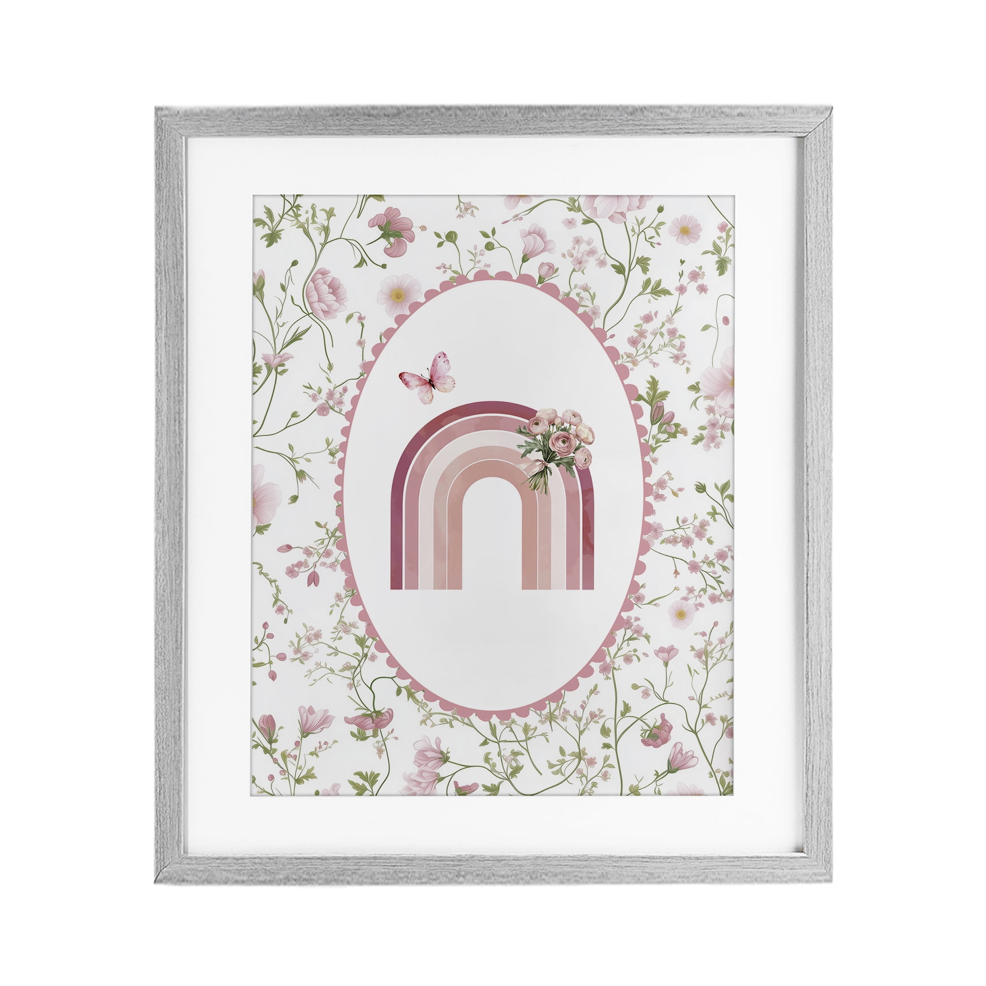 Delicate Florals & Rainbow Gray Framed Print Under Glass, design by Christine Simpson Art