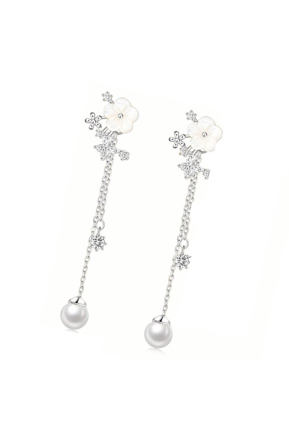 Delicate Flower Design Dangle Earrings With Simulated Pearls Chain Bridal Jewelry Glossy Gold or Silver Finish