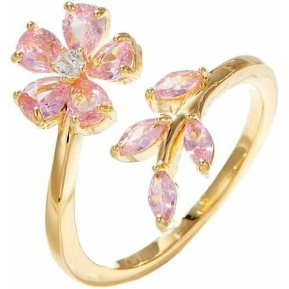 Delicate Flower Leaf Wrap Finger Ring for Women Pink Cubic Zirconia Crystal Floral Statement Ring Promise Engagement Rings Adjustable Open Band