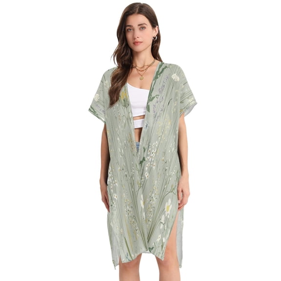 Delicate Flower Pattern Women's Swimwear Cover Up Summer Cardigan Beach Pool Cover Up Loose for Swimsuits Casual Wear