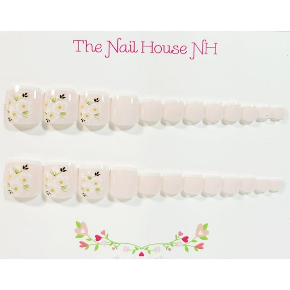 Delicate French Manicure Floral Press-on Toenails by The Nail House NH - 24 Pieces
