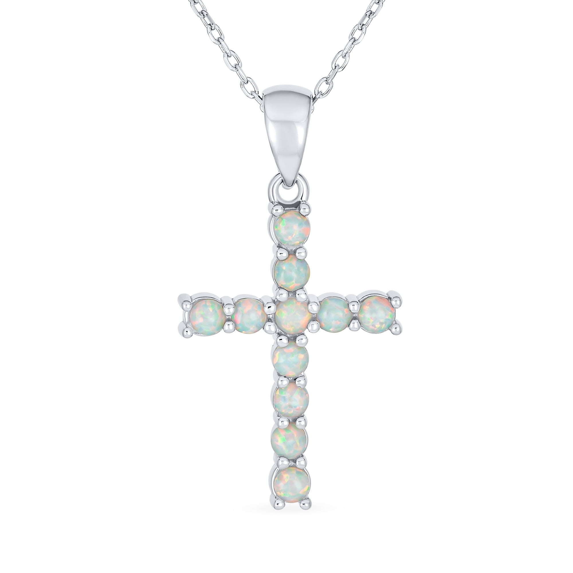 Delicate Gemstone White Created Opal Cross Pendant Necklace 925 Silver