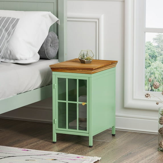 Delicate Glass Door Nightstand with Storage Cabinet, Square End Table with Solid Wood Tabletop and Metal Frame, Sofa Side Table with Anti-slip Feets for Bedroom, Living Room, Green