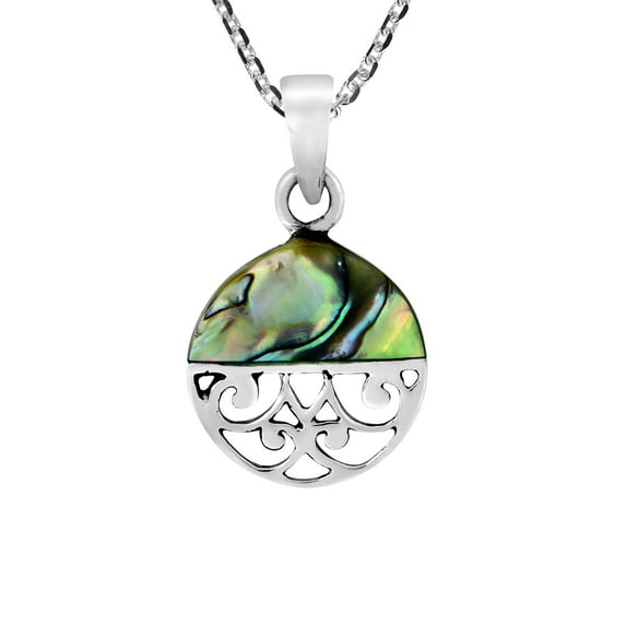 Delicate Halved Circle Abalone Shell and Filigree .925 Sterling Silver Necklace