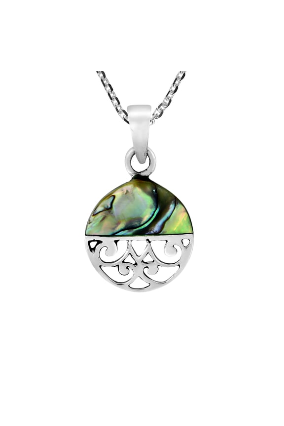 Delicate Halved Circle Abalone Shell and Filigree .925 Sterling Silver Necklace