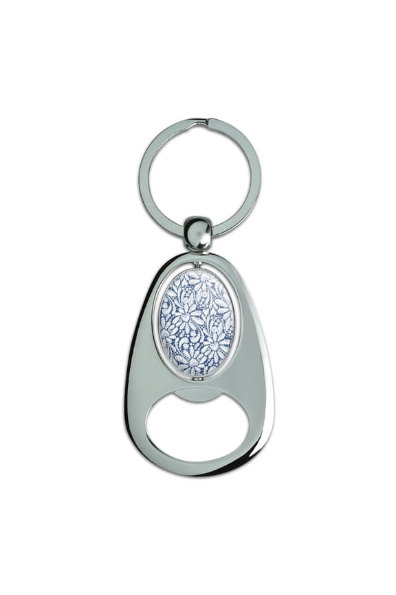 Delicate Hand-Drawn Lace Pattern Hearts Keychain Chrome Metal Spinning Oval Bottle Opener
