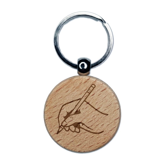 Delicate Hand with Pencil Writing Drawing Round Keychain Charm Tag - Engraved Wood