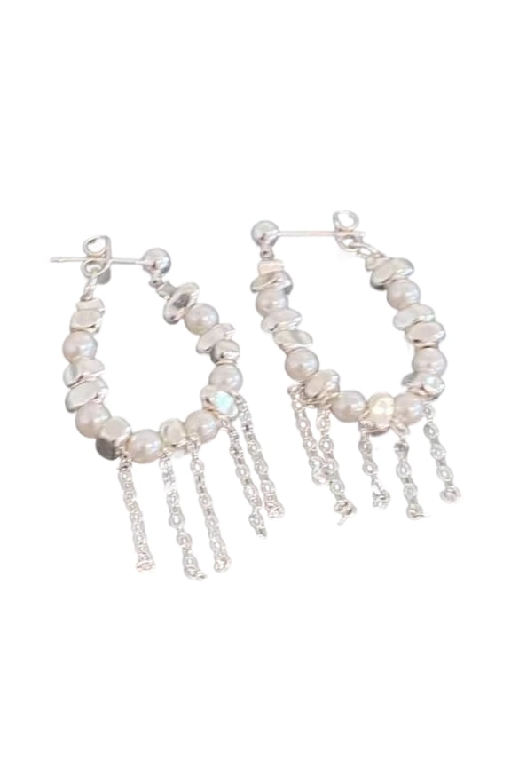 Delicate Handwoven Fringe Earrings Featuring Stylish Beads In Elegant White Tone