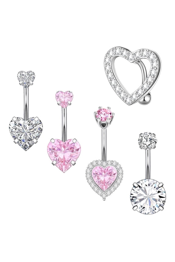 Delicate Heart Steel Belly Button Ring Set 5pcs Feminine Navel Piercing Jewelry