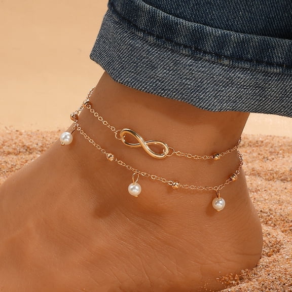 Delicate Imitation Pearl Anklet Round Bead Alloy Layered Ankle Jewelry