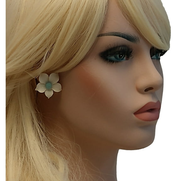 Delicate Large White Blue Floral Flower Pierced Earrings 1 1/4" Ladies Adult Female Women