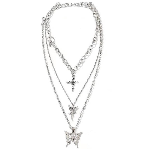 Delicate Layered Thick Chain Necklace, Toggle Necklace Boho Jewelry Set Layered Butterfly Cross Angel Pendant Statement Necklace Festive Statement Necklace Women Men