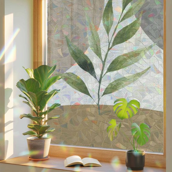 Delicate Leaf Branch Window Privacy Film, Rainbow Film Decorative Window Sticker 17.7x39.3in, Retro Muted Abstract Circles Sun Blocking Static Stained Glass Cling Tint Non-Adhesive