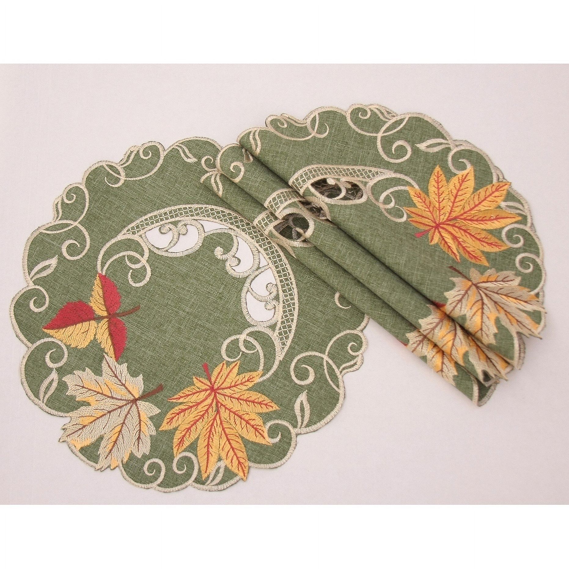 Delicate Leaves Embroidered Cutwork Fall Doilies, 12Inch Round, Set of