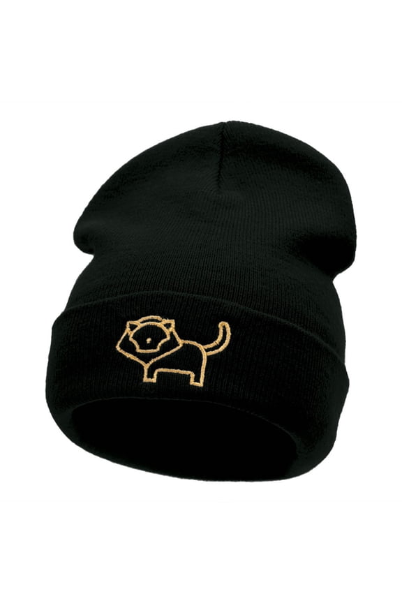 Delicate Lion Outline Embroidered Knitted Long Beanie - Black OSFM