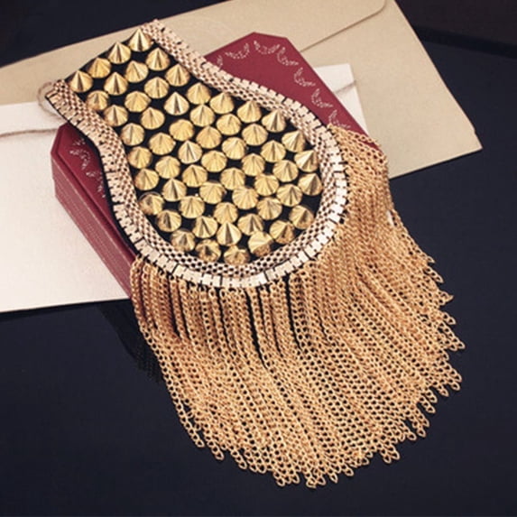 Delicate Men Women Classical Rivet Long Chain Punk Tassel Epaulette Shoulder Jewelry Brooch Clothing Accessories GOLD STYLE 2