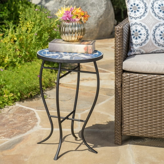 Delicate Outdoor Ceramic Tile Table: Blue And White With Matte Black Iron Fashionable End Table Ceramic: