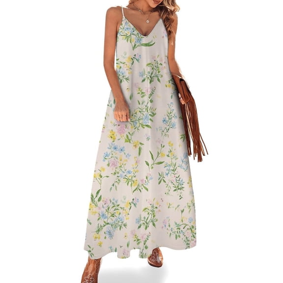 Delicate Pastel Floral Print Fabric Sleeveless Suspender Dress Summer Fashion Casual Long Dress