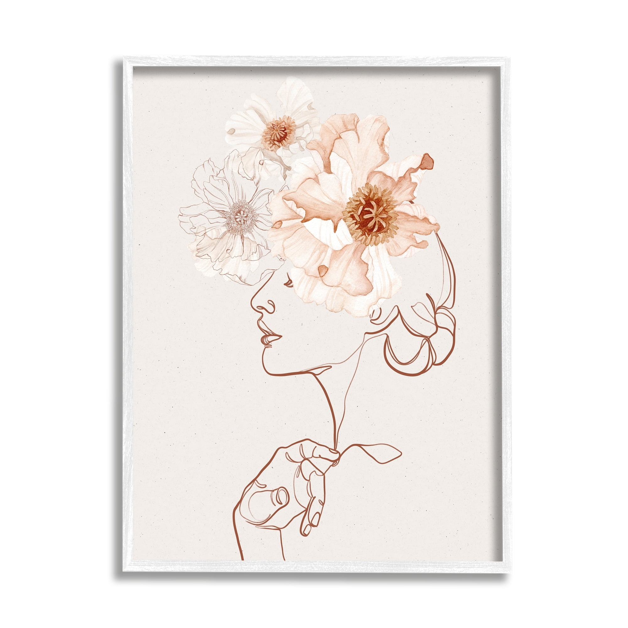 Delicate Pink Flower Blossoms Woman Line Drawing Botanical & Floral Graphic Art Framed Art Print Wall Art