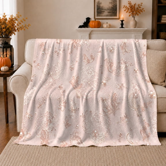 Delicate Pink Paisley With Pearl Like Accents, Soft Flannel Blanket with Delicate Ornamental Paisley Print, Housewarming Gift and Home Decor for Bedroom and Living Room