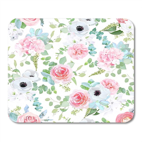 Delicate Pink Rose Camellia Anemone Hydrangea Blue Succulents Peony White Freesia Silverberry Mint Mousepad Mouse Pad Mouse Mat 9x10 inch