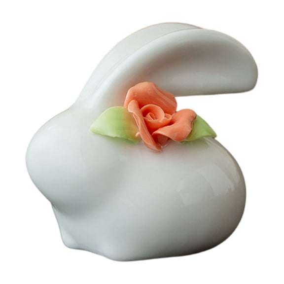 Delicate Porcelain Statue, Small Cute Flower Ceramic Rabbit Figurine, Desktop Ornament for Living Room, Easter and Spring Home Decoration, Shelf, and Tabletop Decor, Collectible Animal Sculpture