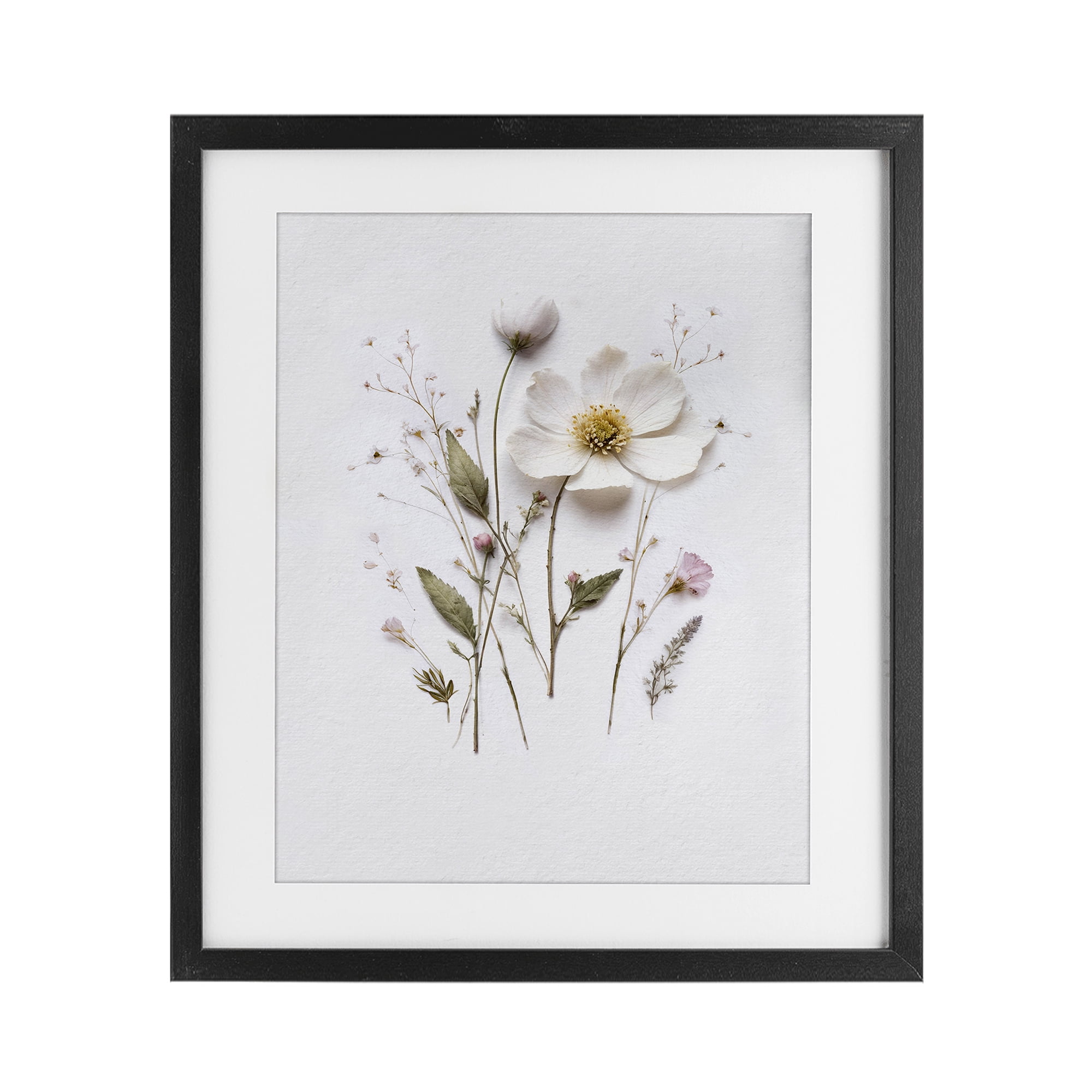 Delicate Pressed Flower Sprigs Black Framed Print Under Glass, design by Lettered and Lined