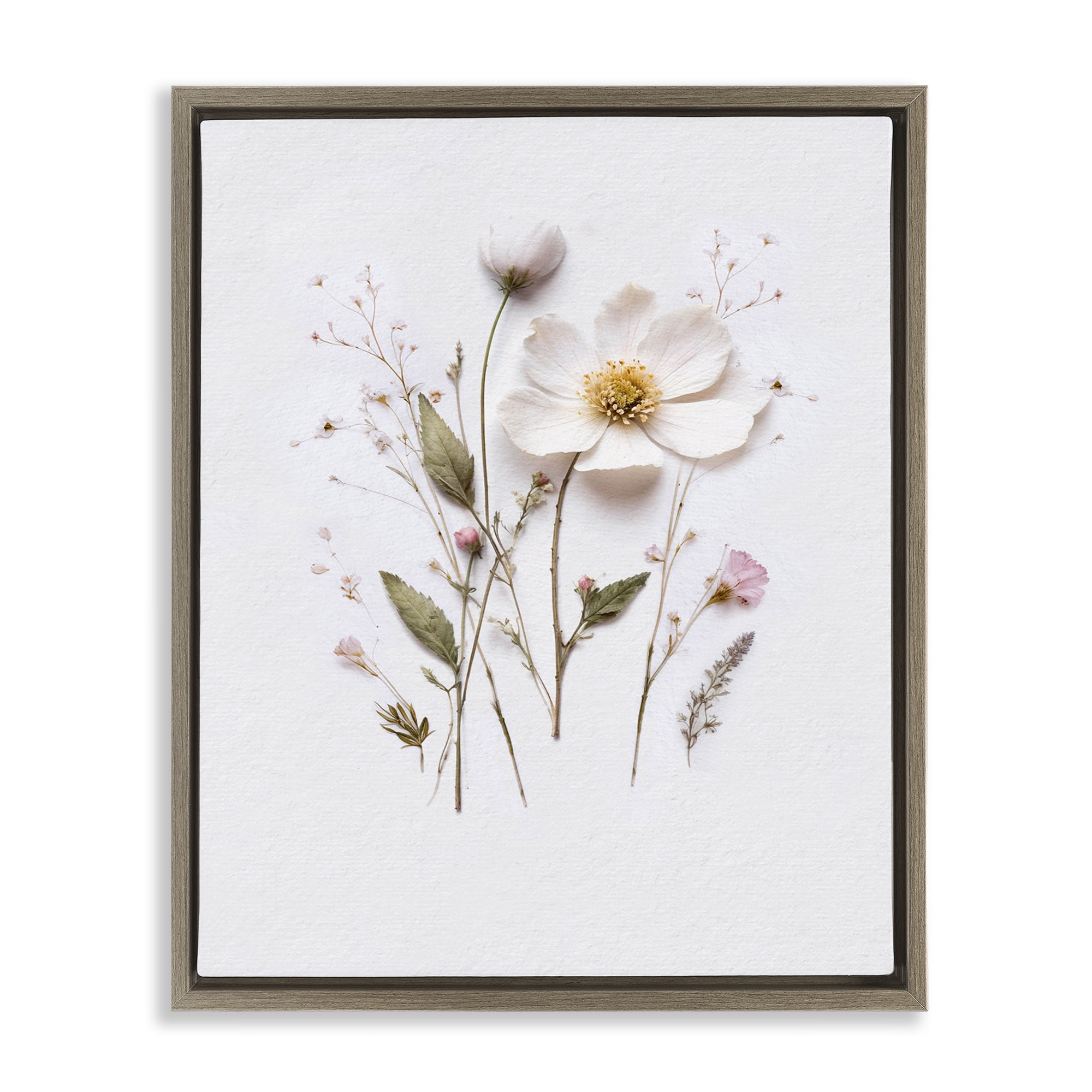 Delicate Pressed Flower Sprigs Brown Framed Floater Canvas Wall Art, design by Lettered and Lined