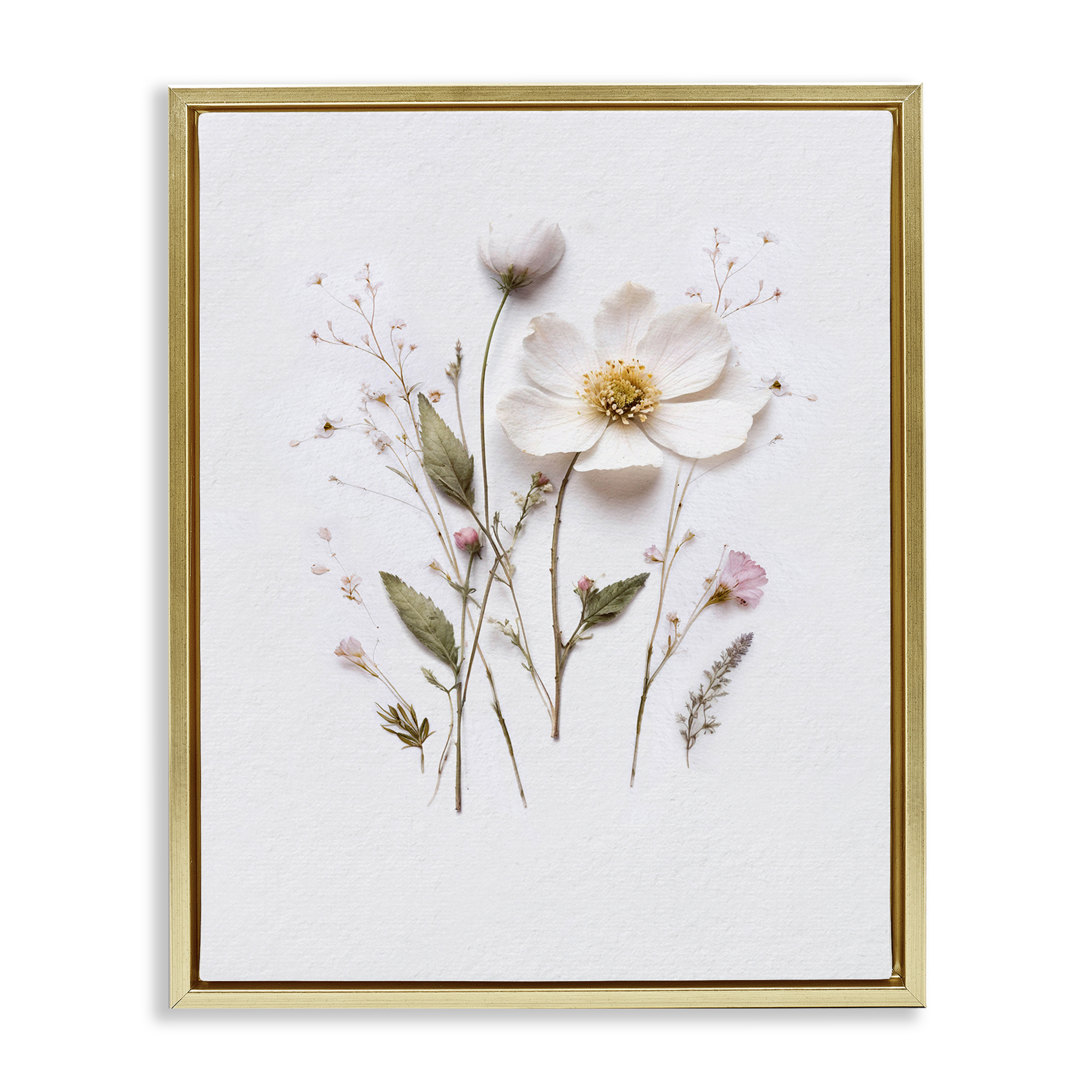 Delicate Pressed Flower Sprigs Gold Framed Floater Canvas Wall Art, design by Lettered and Lined