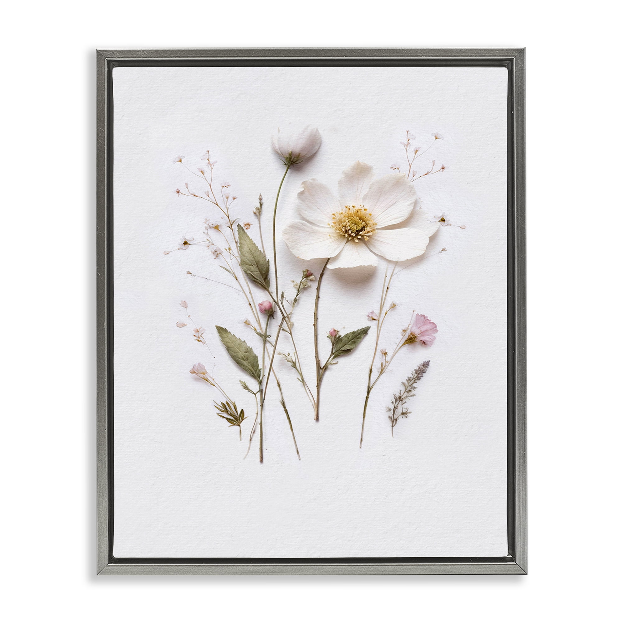 Delicate Pressed Flower Sprigs Gray Framed Floater Canvas Wall Art, design by Lettered and Lined