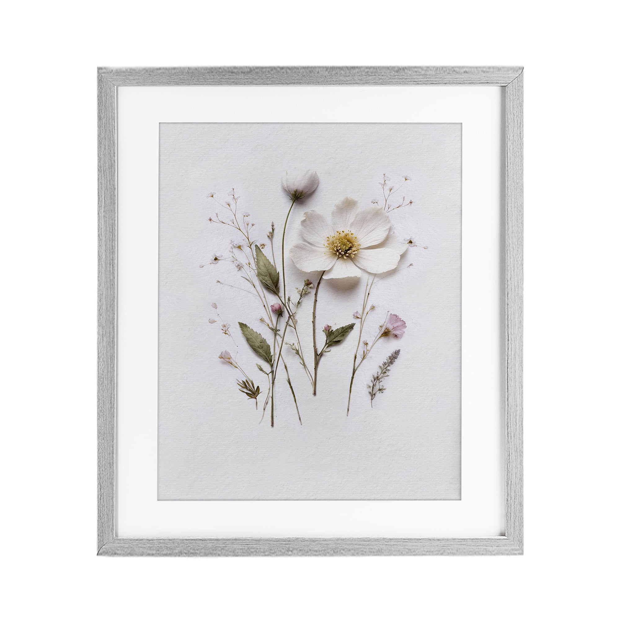 Delicate Pressed Flower Sprigs Gray Framed Print Under Glass, design by Lettered and Lined