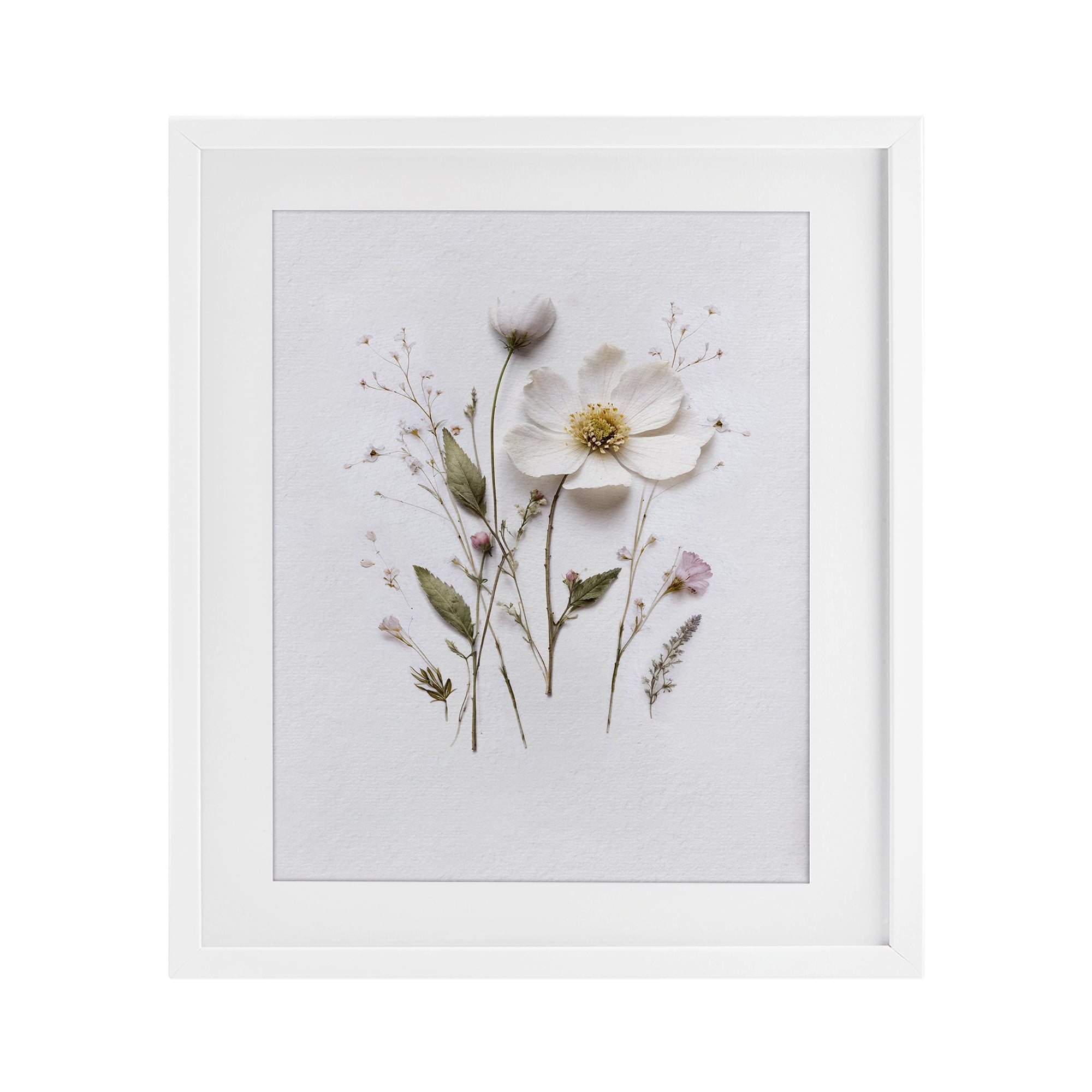 Delicate Pressed Flower Sprigs White Framed Print Under Glass, design by Lettered and Lined