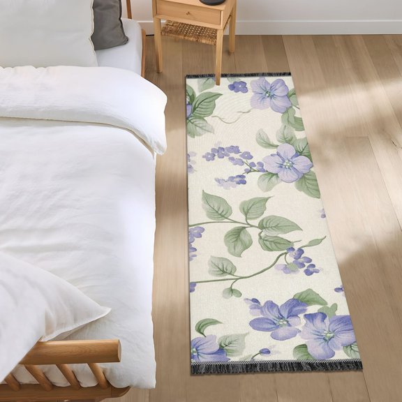 Delicate Purple Flowers Leaves Bedside Runner Rug 2'x 6' Non Slip Carpet Floor Mat Area Rug