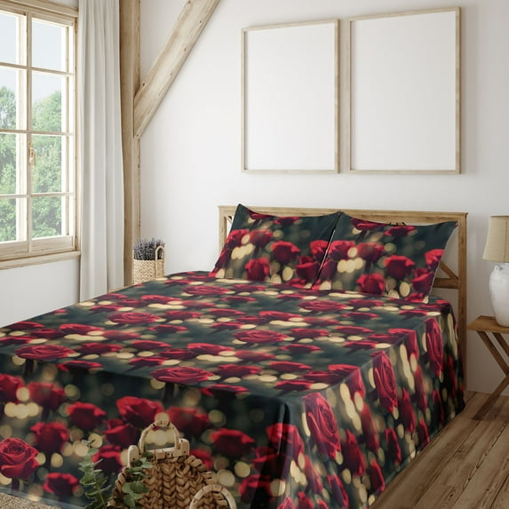 Ambesonne Delicate Rose Fitted & Flat Sheet with Shams 4 Pcs Set, Garden Romantic Bloom, King, Dark Pink Pale Green