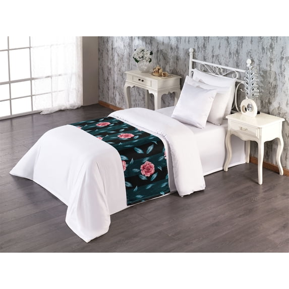 Delicate Roses Bed Runner, Modern Flowers with Leaves Greenery Pattern on Bicolor Striped Back, Decorative Accent Bedding Scarf for Hotels Homes & Guest Rooms, Twin, Dark Coral Sea Blue, by Ambesonne