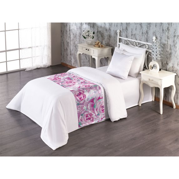 Delicate Roses Bed Runner, Pastel Colors Drawn Aquarelle Flowers Vintage with Dreamy Petals Art, Decorative Accent Bedding Scarf for Hotels Homes & Guest Rooms, Twin, Pale Lilac Magenta, by Ambesonne