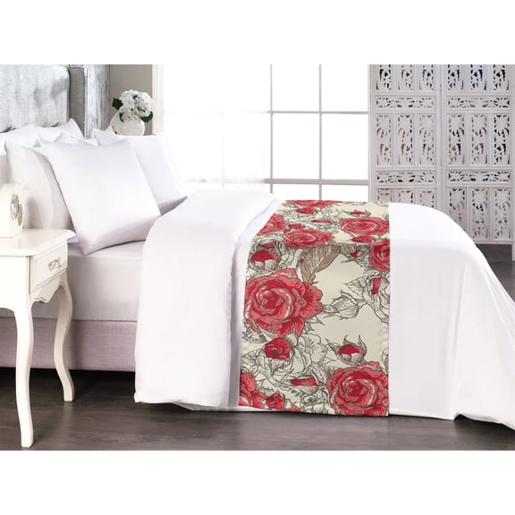 Delicate Roses Bed Runner, Pastel Colors Simple Flowers Vintage Pattern with Outlines Print, Decorative Accent Bedding Scarf for Hotels Homes & Guest Rooms, King, Dark Coral Cream Cocoa, by Ambesonne