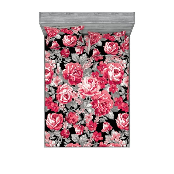 Delicate Roses Fitted Sheet & Pillow Sham Set, Neutral Vintage Floral Scene with Leafy Ornaments Romantic Print, Decorative Printed 3 Piece Bedding Decor, King, Pastel Pink Pale Grey, by Ambesonne