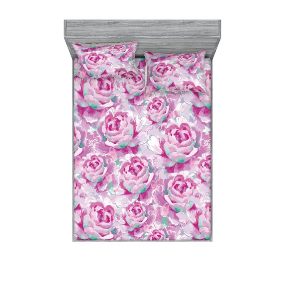Delicate Roses Fitted Sheet & Pillow Sham Set, Pastel Colors Drawn Aquarelle Flowers Vintage with Dreamy Petals Art, Decorative Printed 3 Piece Bedding Decor, Queen, Pale Lilac Magenta, by Ambesonne