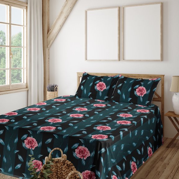 Delicate Roses Sheet Set, Modern Flowers with Leaves Greenery Pattern on Bicolor Striped Back, Fitted & Flat Sheet with Pillowcase Bedding Accent 3 Pcs Set, Twin, Dark Coral Sea Blue, by Ambesonne