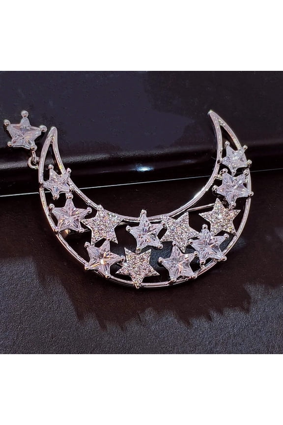 Delicate Silver Tone Opens Outline Moon CZ Stars Brooch with Star tassel Eclipse Jewelry