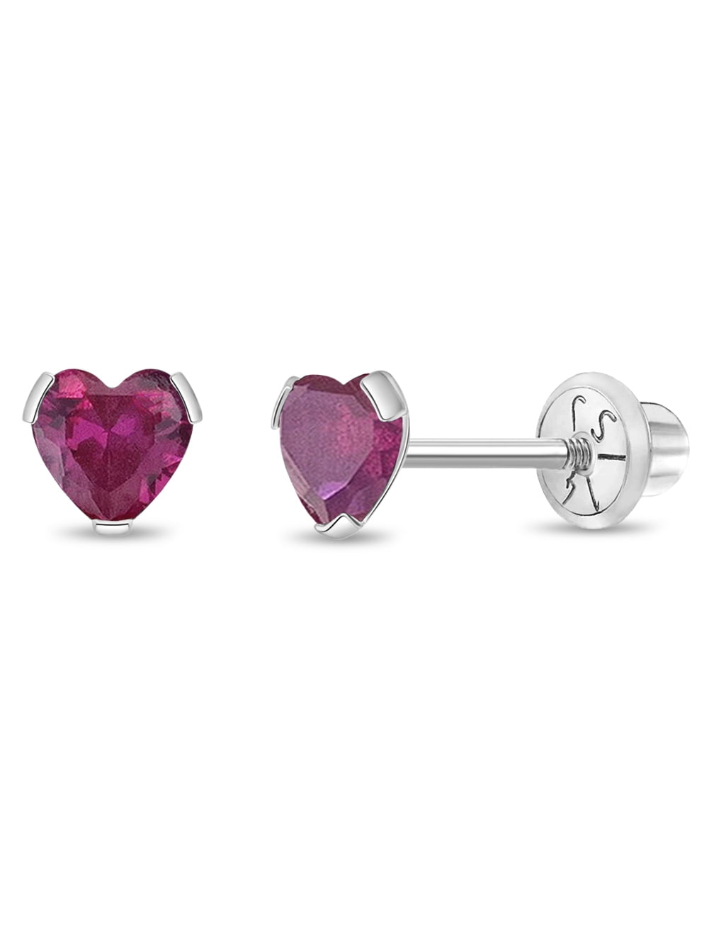 Delicate Simulated Ruby Heart Girls Earrings Screw Back 14k