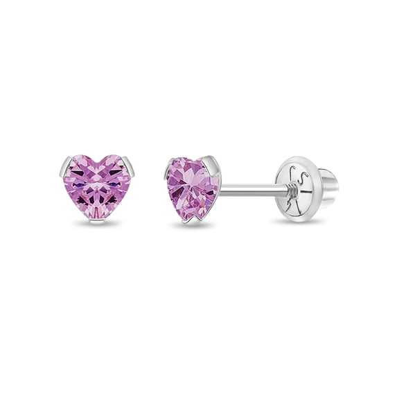 Delicate Simulated Tourmaline Heart Girls Earrings Screw Back - 14k White Gold
