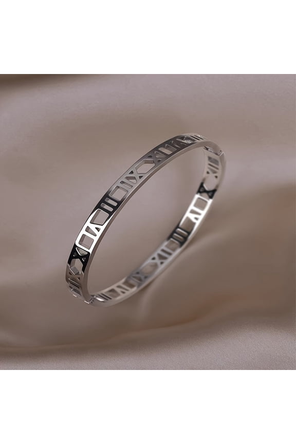 [Delicate Stainless Steel Roman Bangle] A Delicate Stainless Steel Bracelet With Roman Numerals, Hollow Design Bangle, Suitable For Parties And Daily Wear, Perfect For Gifting, Birthday Jewelry