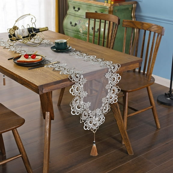 Delicate Stylish Lace Embroidery Translucent Hollow Carved Table Runner with Tassels Dresser Scarfs Tea Coffee Table Runners Home Decoration Cloth Camel Gray 15 x 62 inches