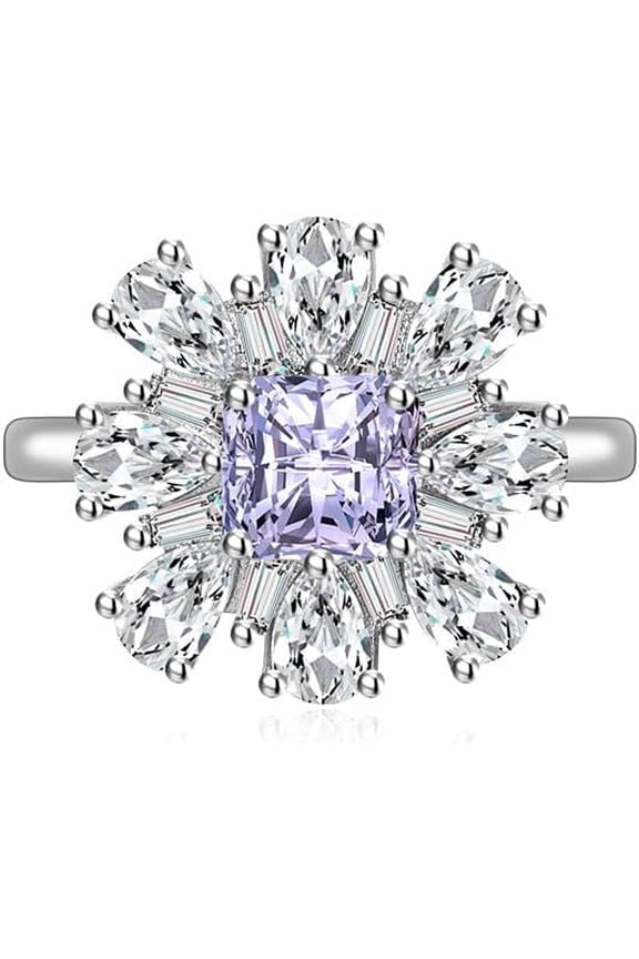 Delicate Sunflower Cubic Zirconia Wedding Ring Cut Simulated Diamond Engagement Band for Women 925 Silver Pink Ruby Topaz Sapphire Anniversary Eternal Promise Open Adjustable Ring(Purple)