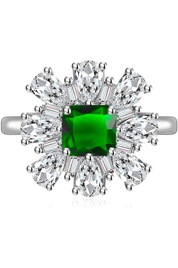 Delicate Sunflower Cubic Zirconia Wedding Ring Cut Simulated Diamond Engagement Band for Women 925 Silver Pink Ruby Topaz Sapphire Anniversary Eternal Promise Open Adjustable Ring(Green)