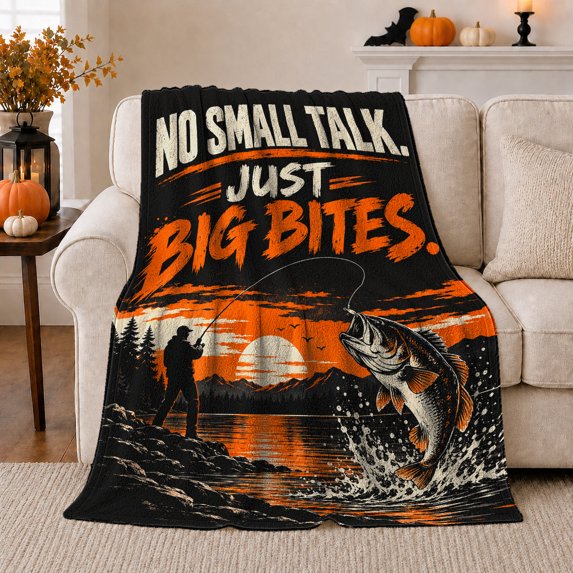 No Delicate Talk Just Big Bites Bass Fishing, Rustic Camping Scene, Warm Flannel Blanket for Cabin and Lodge, Outdoor Lovers person's Day Gift, Artistic Home Decor