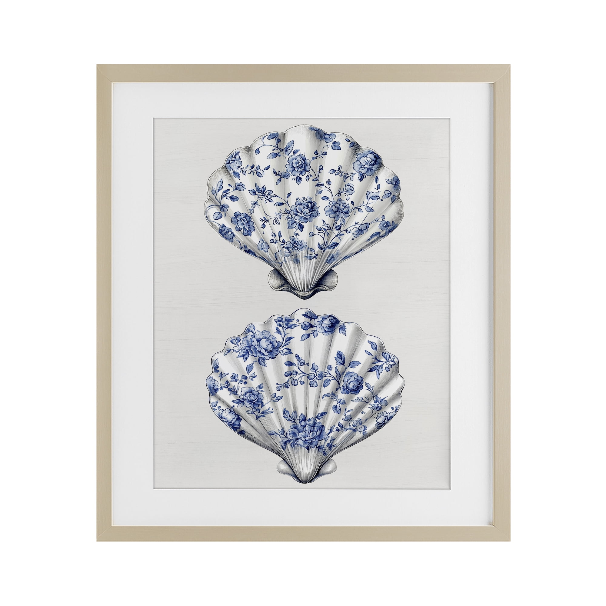 Delicate Toile Seashells Birch Framed Print Under Glass, design by Lettered and Lined