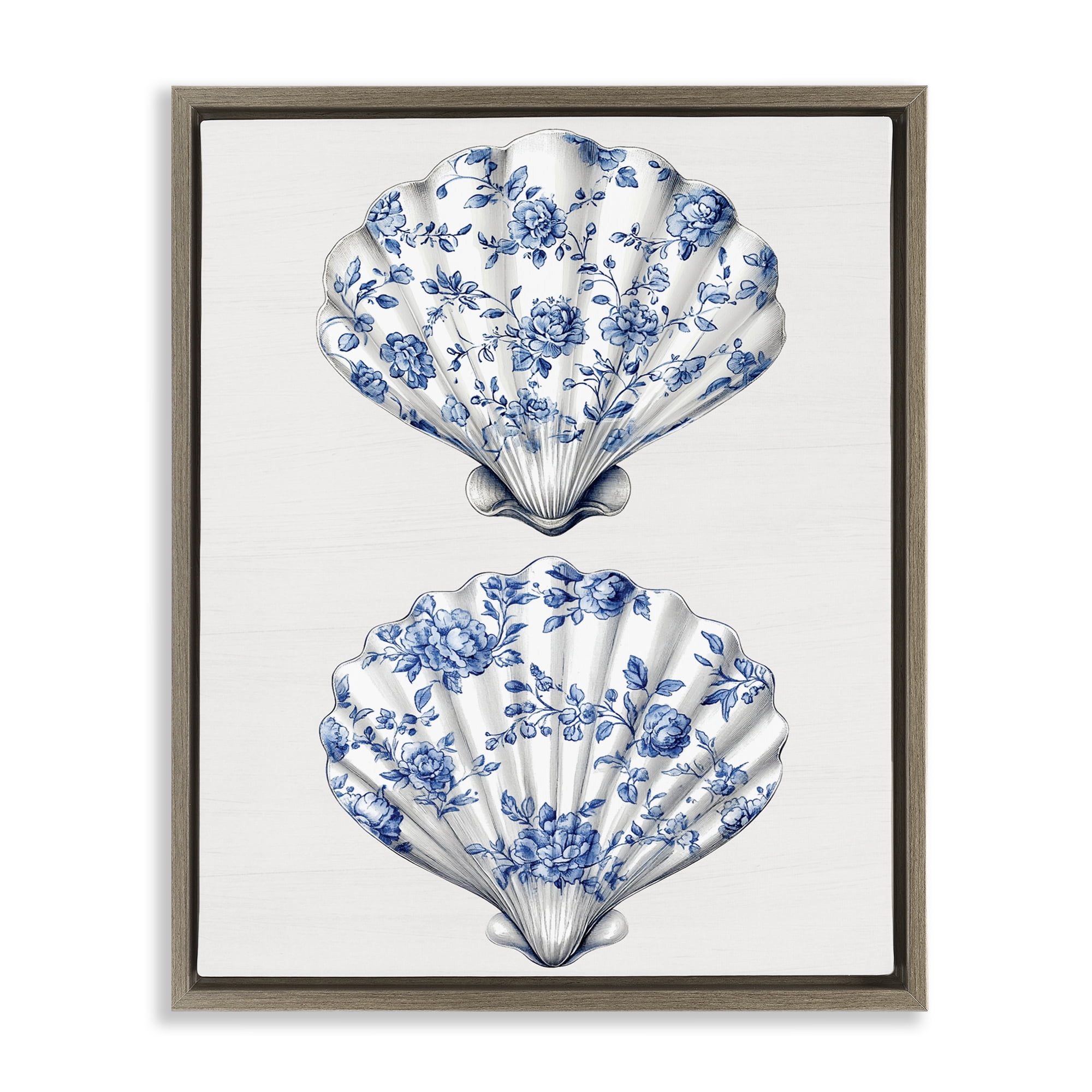 Delicate Toile Seashells Brown Framed Floater Canvas Wall Art, design by Lettered and Lined